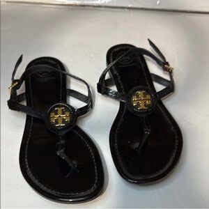 Tory Burch Black Thong Sandals with Gold Emblem